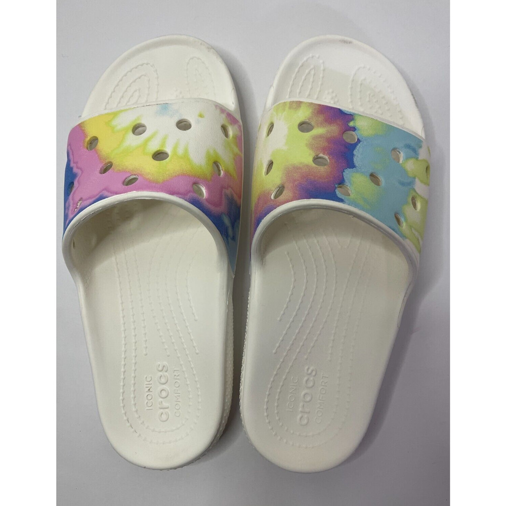 Crocs Iconic Comfort Slides Women's Sz 8 White Pastel Tie Dye Pink Yellow Blue - Picture 4 of 7